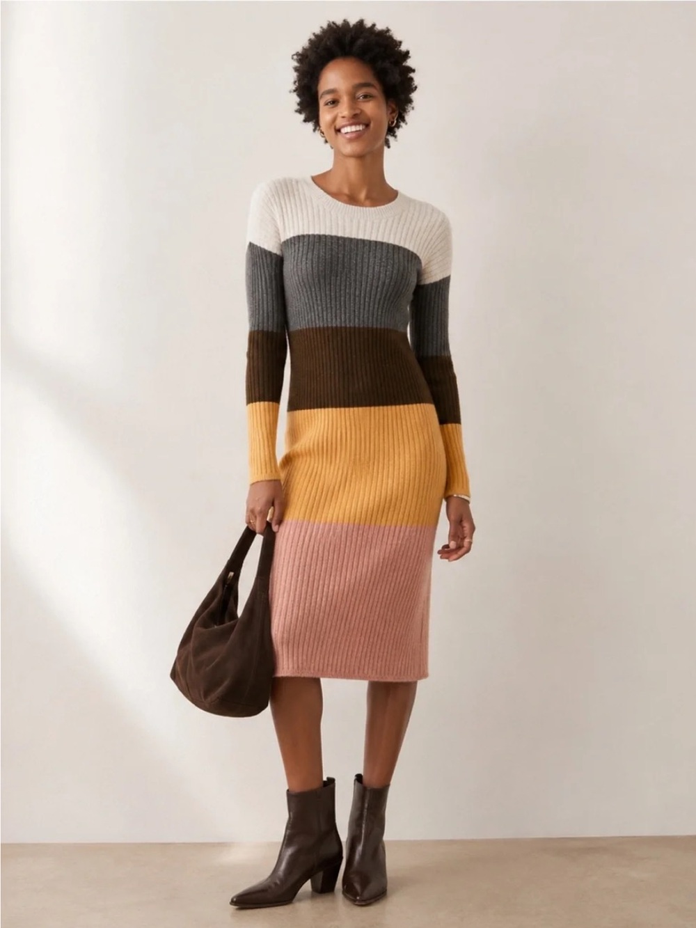 Madewell Colorblock Rib-Knit Midi Dress in White, Gray, Brown, Mustard & Pink